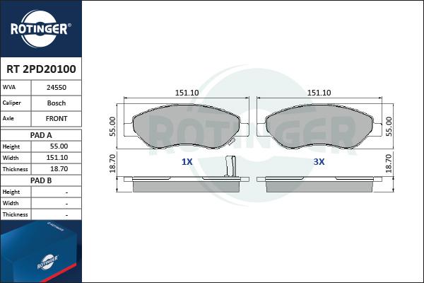 Rotinger RT 2PD20100 - Гальмівні колодки, дискові гальма autocars.com.ua