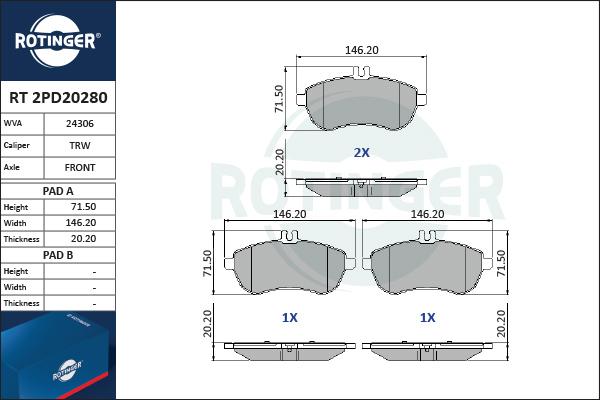 Rotinger RT 2PD20280 - Гальмівні колодки, дискові гальма autocars.com.ua