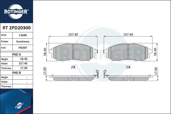 Rotinger RT 2PD20300 - Тормозные колодки, дисковые, комплект avtokuzovplus.com.ua