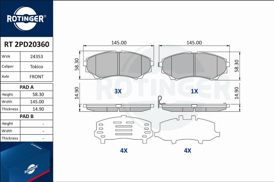 Rotinger RT 2PD20360 - Гальмівні колодки, дискові гальма autocars.com.ua