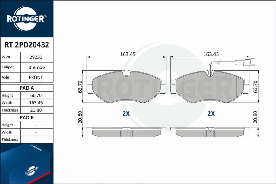 Rotinger RT 2PD20432 - Тормозные колодки, дисковые, комплект avtokuzovplus.com.ua