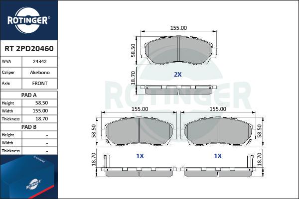 Rotinger RT 2PD20460 - Гальмівні колодки, дискові гальма autocars.com.ua