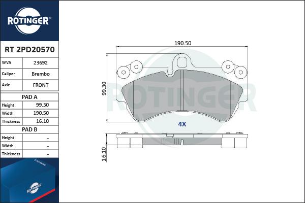 Rotinger RT 2PD20570 - Тормозные колодки, дисковые, комплект avtokuzovplus.com.ua