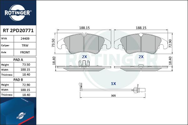 Rotinger RT 2PD20771 - Гальмівні колодки, дискові гальма autocars.com.ua