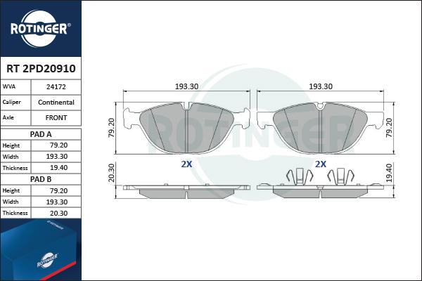 Rotinger RT 2PD20910 - Тормозные колодки, дисковые, комплект autodnr.net