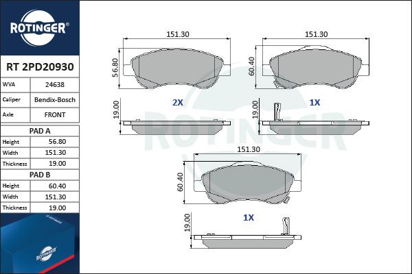 Rotinger RT 2PD20930 - Гальмівні колодки, дискові гальма autocars.com.ua