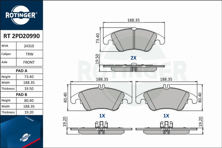 Rotinger RT 2PD20990 - Гальмівні колодки, дискові гальма autocars.com.ua