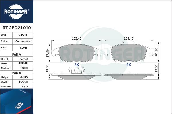 Rotinger RT 2PD21010 - Гальмівні колодки, дискові гальма autocars.com.ua