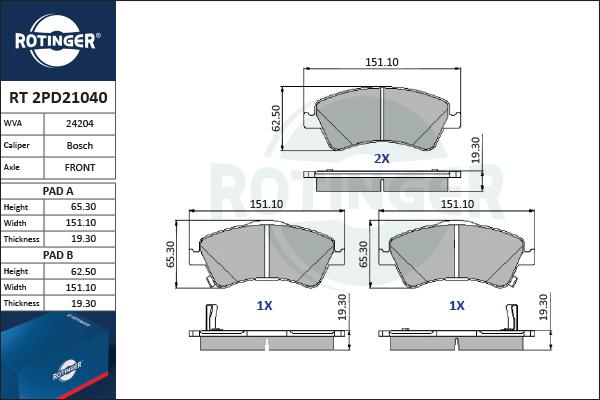 Rotinger RT 2PD21040 - Тормозные колодки, дисковые, комплект avtokuzovplus.com.ua