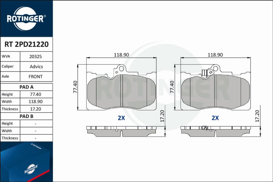 Rotinger RT 2PD21220 - Тормозные колодки, дисковые, комплект avtokuzovplus.com.ua