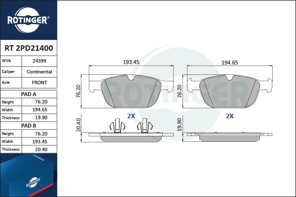 Rotinger RT 2PD21400 - Тормозные колодки, дисковые, комплект avtokuzovplus.com.ua