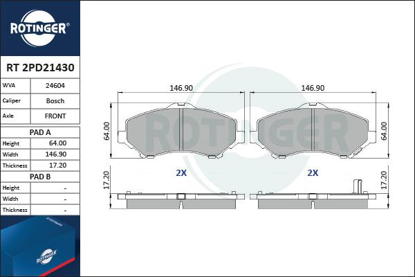 Rotinger RT 2PD21430 - Тормозные колодки, дисковые, комплект avtokuzovplus.com.ua