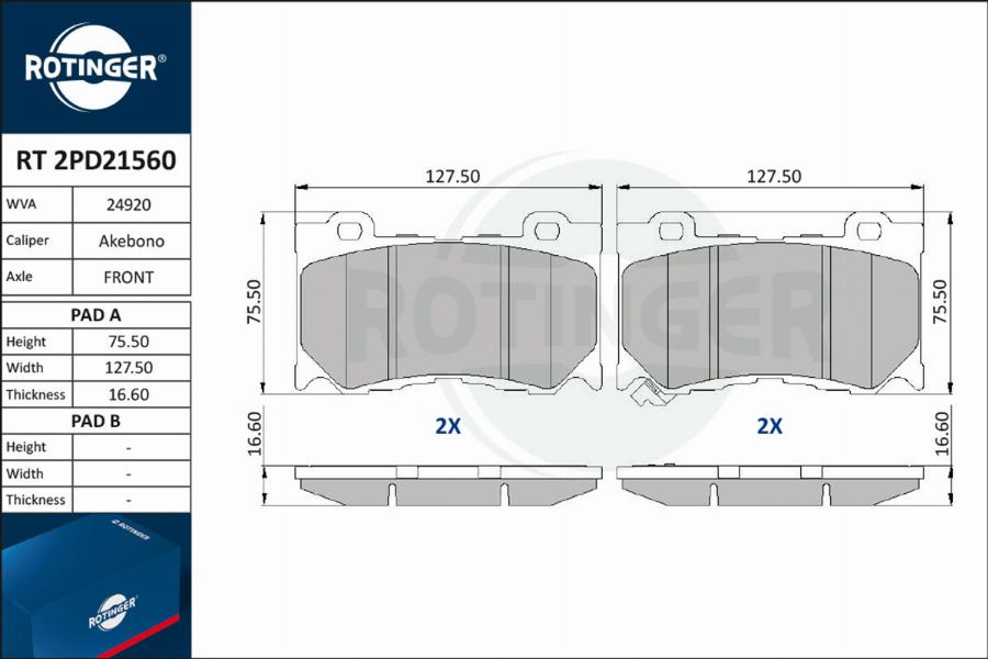 Rotinger RT 2PD21560 - Гальмівні колодки, дискові гальма autocars.com.ua