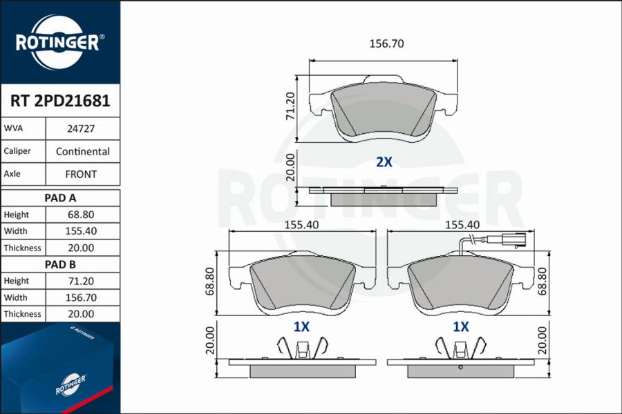 Rotinger RT 2PD21681 - Гальмівні колодки, дискові гальма autocars.com.ua