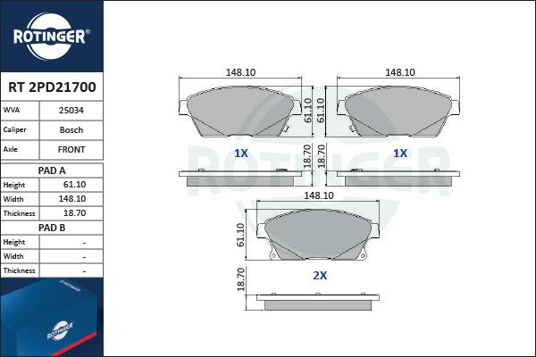 Rotinger RT 2PD21700 - Тормозные колодки, дисковые, комплект avtokuzovplus.com.ua