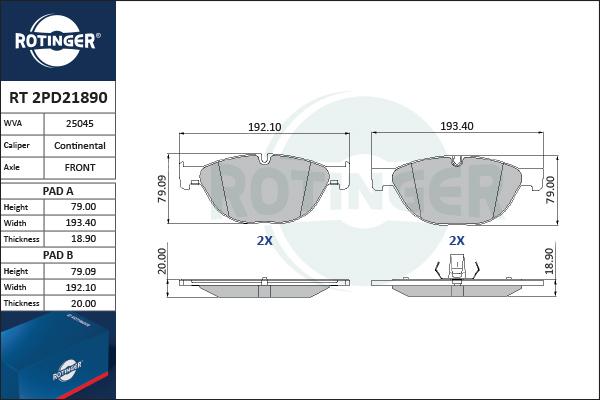 Rotinger RT 2PD21890 - Гальмівні колодки, дискові гальма autocars.com.ua