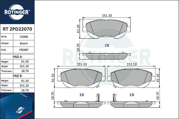 Rotinger RT 2PD22070 - Гальмівні колодки, дискові гальма autocars.com.ua