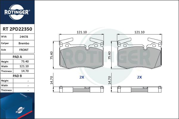 Rotinger RT 2PD22350 - Гальмівні колодки, дискові гальма autocars.com.ua
