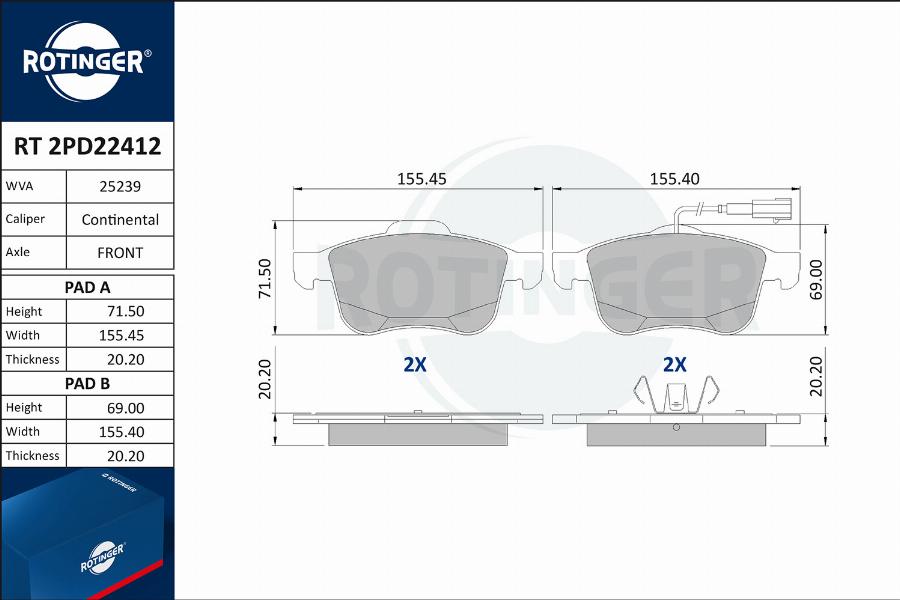 Rotinger RT 2PD22412 - Тормозные колодки, дисковые, комплект avtokuzovplus.com.ua