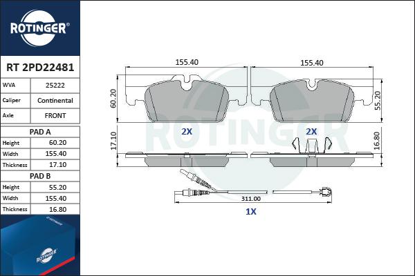 Rotinger RT 2PD22481 - Гальмівні колодки, дискові гальма autocars.com.ua