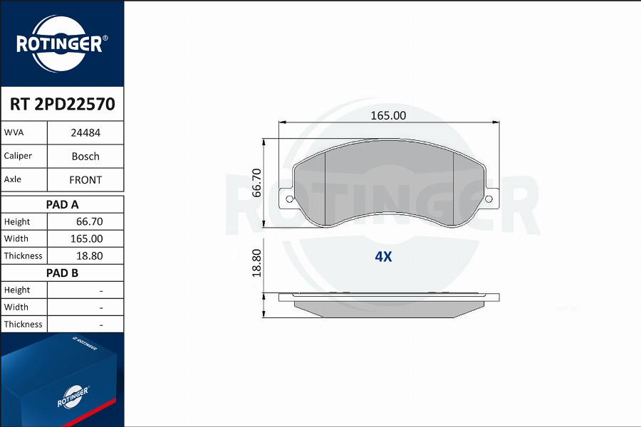 Rotinger RT 2PD22570 - Гальмівні колодки, дискові гальма autocars.com.ua