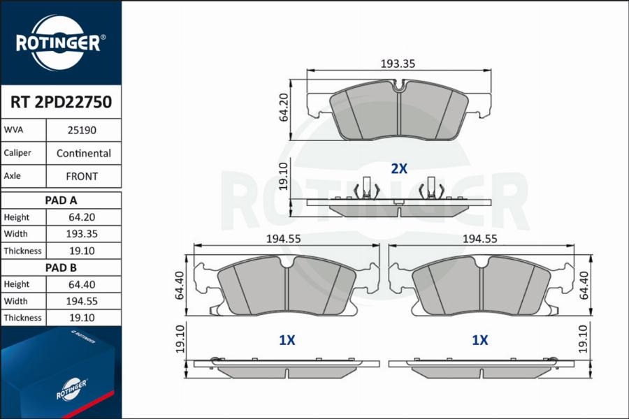 Rotinger RT 2PD22750 - Тормозные колодки, дисковые, комплект avtokuzovplus.com.ua