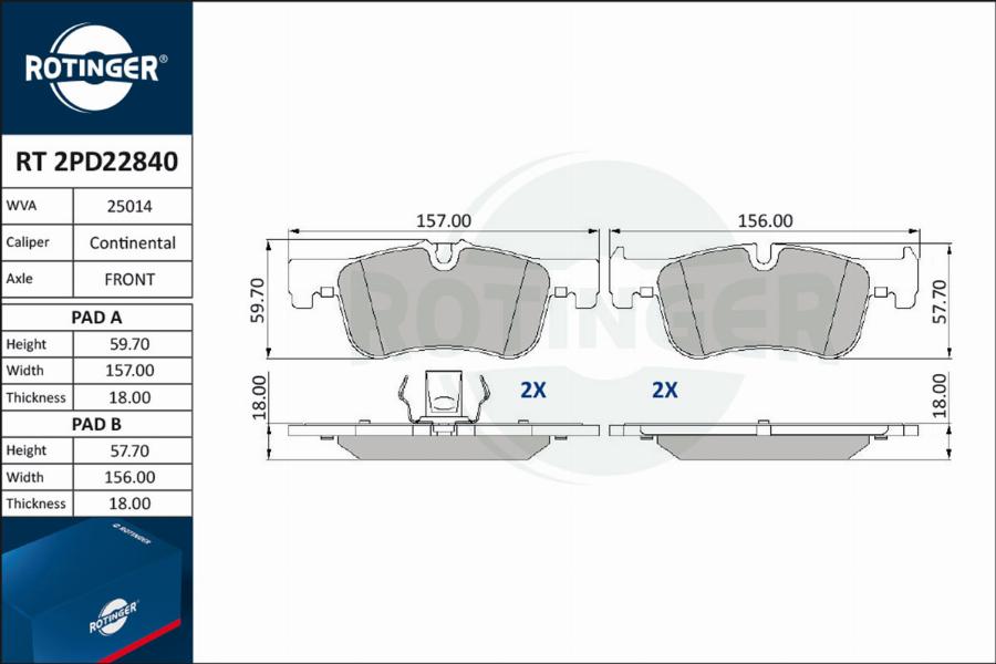 Rotinger RT 2PD22840 - Гальмівні колодки, дискові гальма autocars.com.ua