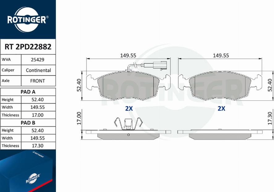 Rotinger RT 2PD22882 - Тормозные колодки, дисковые, комплект avtokuzovplus.com.ua