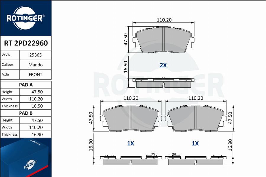 Rotinger RT 2PD22960 - Гальмівні колодки, дискові гальма autocars.com.ua