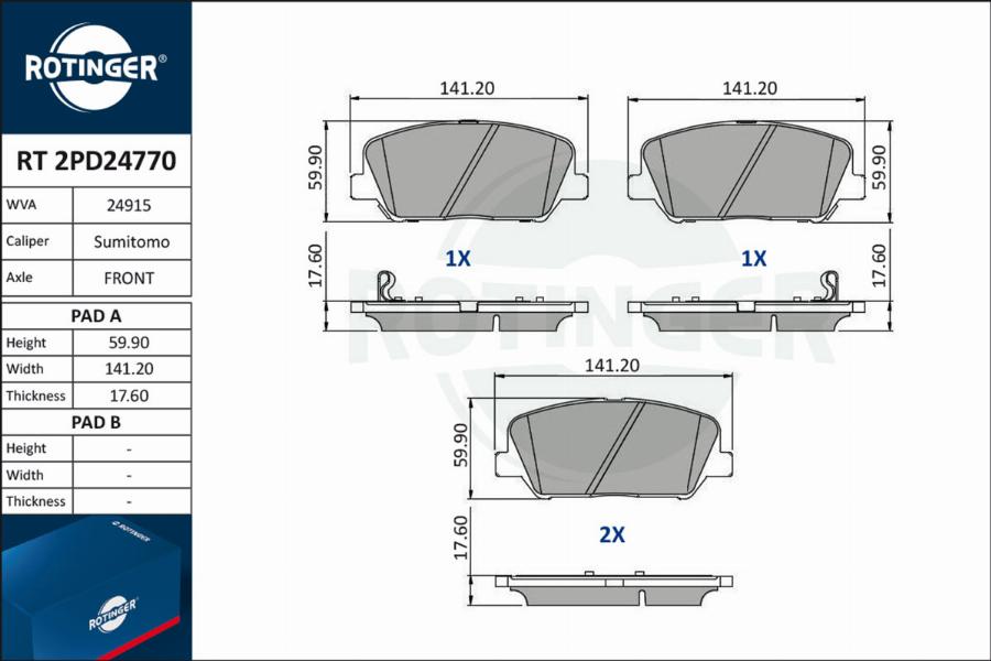 Rotinger RT 2PD24770 - Тормозные колодки, дисковые, комплект avtokuzovplus.com.ua