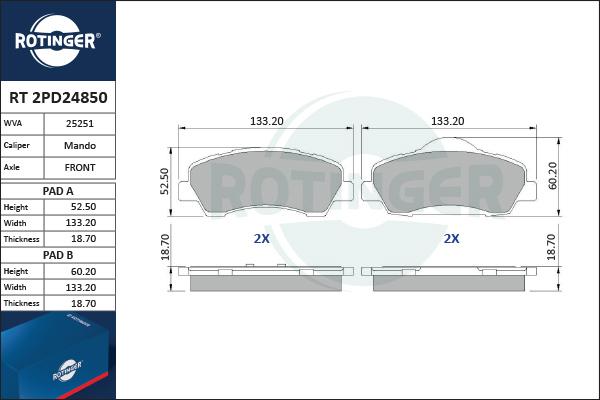 Rotinger RT 2PD24850 - Гальмівні колодки, дискові гальма autocars.com.ua