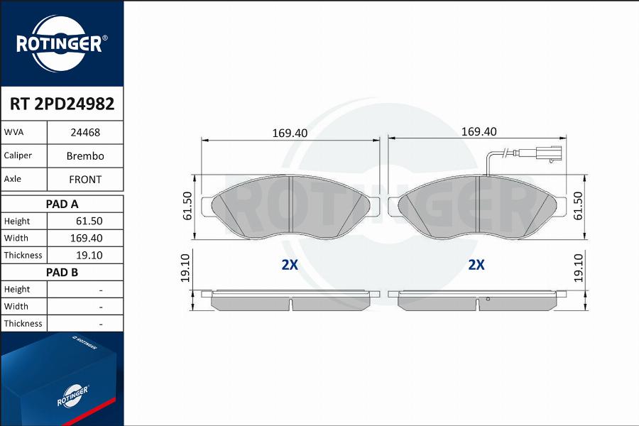 Rotinger RT 2PD24982 - Гальмівні колодки, дискові гальма autocars.com.ua