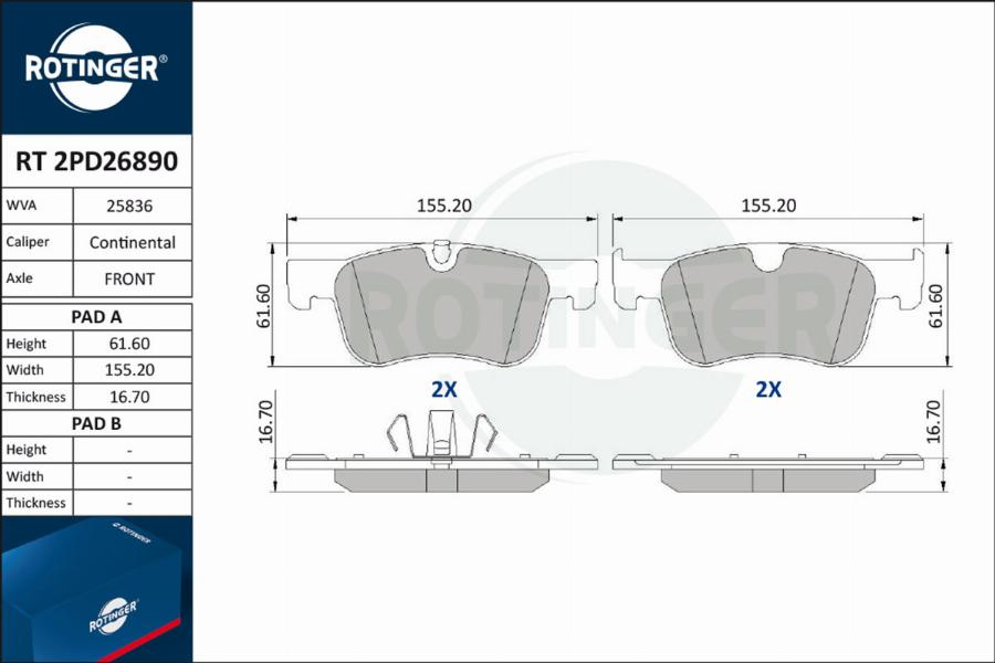 Rotinger RT 2PD26890 - Гальмівні колодки, дискові гальма autocars.com.ua