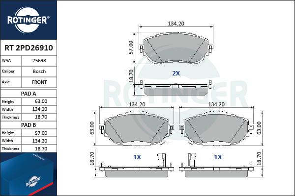 Rotinger RT 2PD26910 - Гальмівні колодки, дискові гальма autocars.com.ua