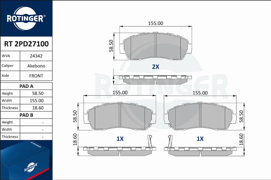 Rotinger RT 2PD27100 - Гальмівні колодки, дискові гальма autocars.com.ua