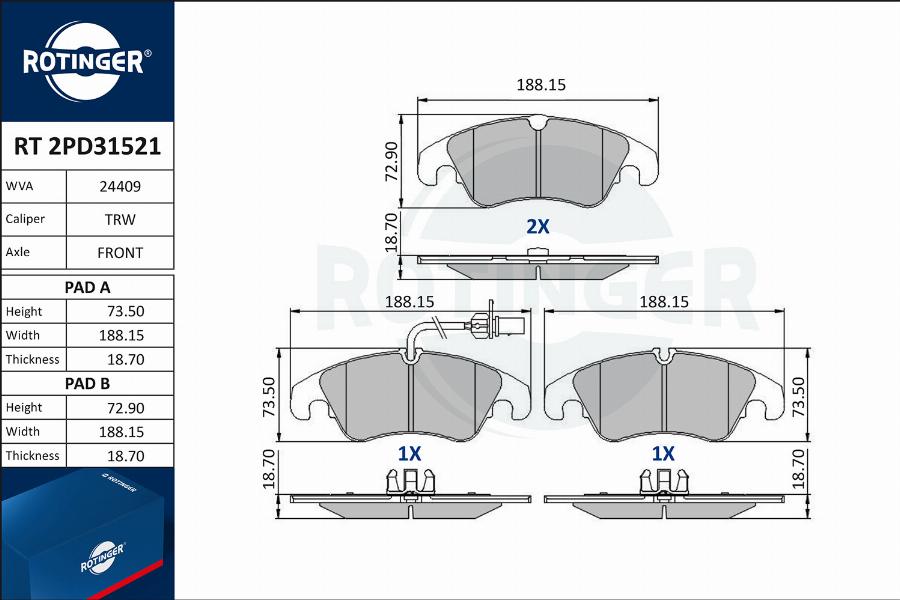 Rotinger RT 2PD31521 - Гальмівні колодки, дискові гальма autocars.com.ua