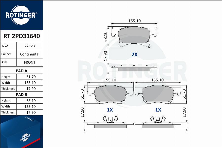 Rotinger RT 2PD31640 - Гальмівні колодки, дискові гальма autocars.com.ua