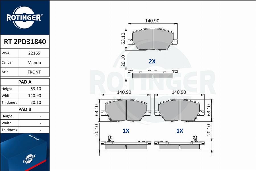 Rotinger RT 2PD31840 - Гальмівні колодки, дискові гальма autocars.com.ua