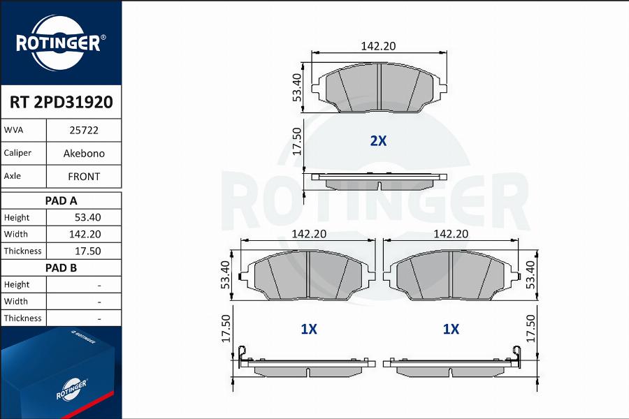 Rotinger RT 2PD31920 - Гальмівні колодки, дискові гальма autocars.com.ua