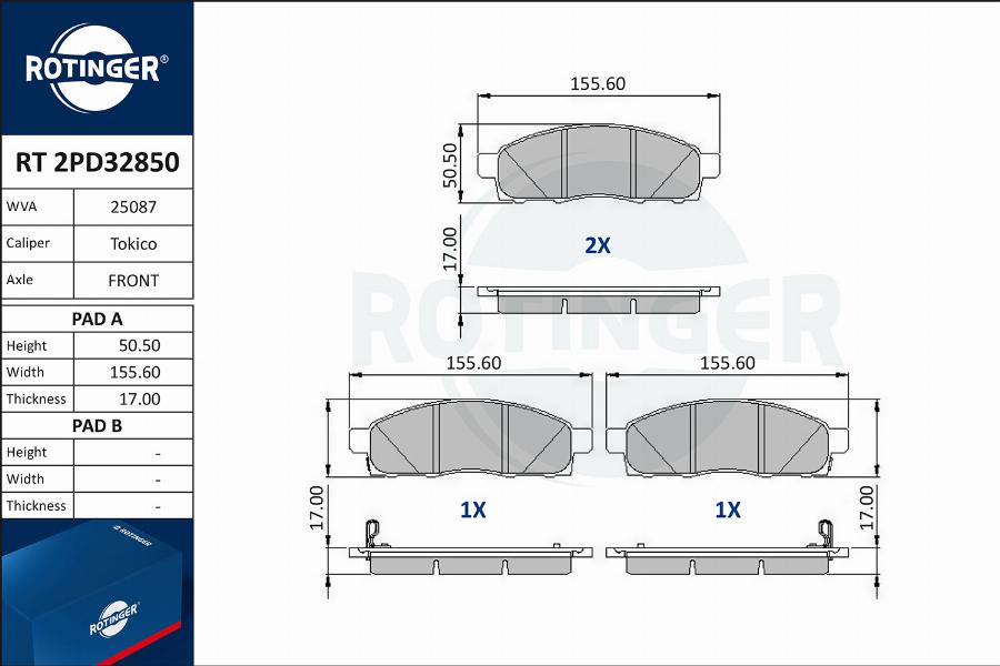 Rotinger RT 2PD32850 - Гальмівні колодки, дискові гальма autocars.com.ua