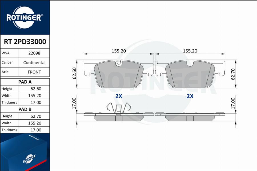 Rotinger RT 2PD33000 - Тормозные колодки, дисковые, комплект autodnr.net