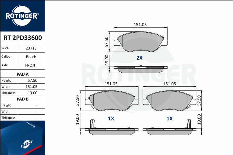 Rotinger RT 2PD33600 - Гальмівні колодки, дискові гальма autocars.com.ua