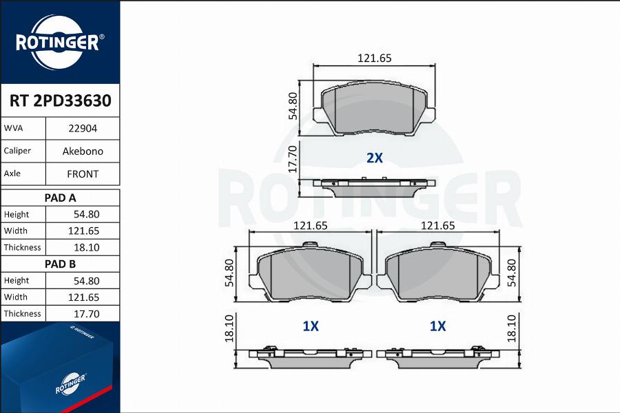 Rotinger RT 2PD33630 - Гальмівні колодки, дискові гальма autocars.com.ua