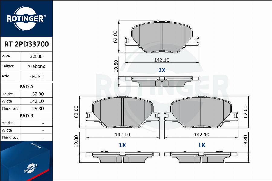 Rotinger RT 2PD33700 - Гальмівні колодки, дискові гальма autocars.com.ua