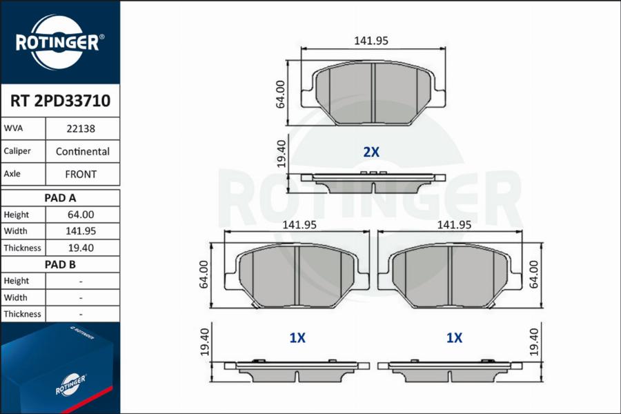 Rotinger RT 2PD33710 - Гальмівні колодки, дискові гальма autocars.com.ua