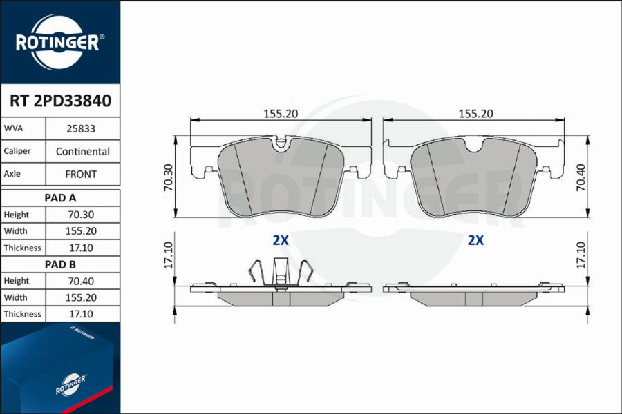 Rotinger RT 2PD33840 - Гальмівні колодки, дискові гальма autocars.com.ua