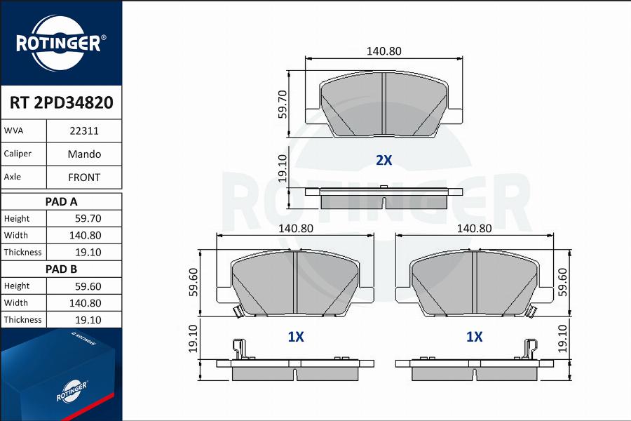 Rotinger RT 2PD34820 - Гальмівні колодки, дискові гальма autocars.com.ua