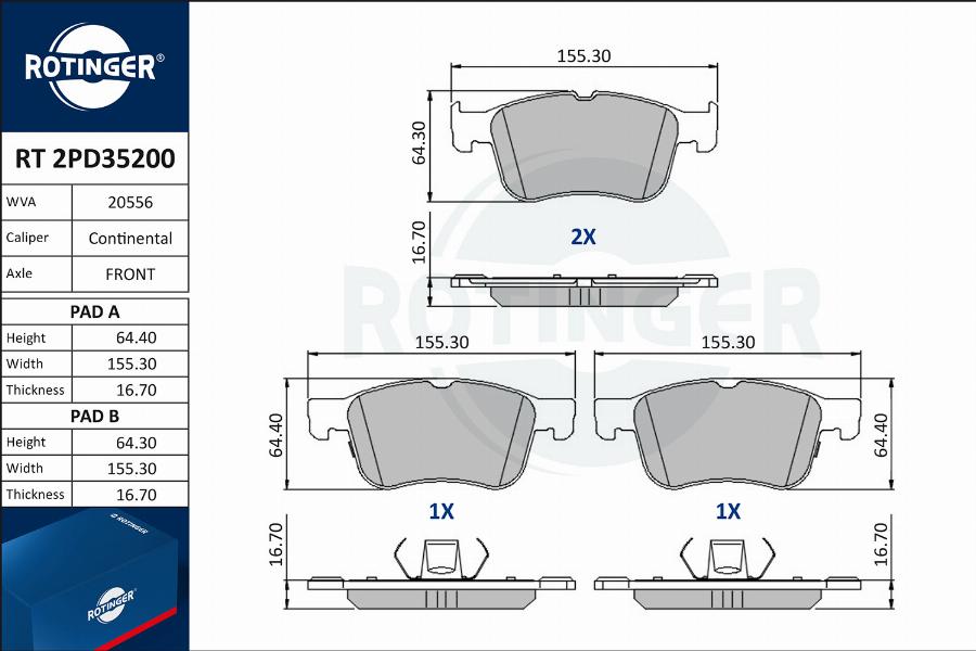 Rotinger RT 2PD35200 - Гальмівні колодки, дискові гальма autocars.com.ua