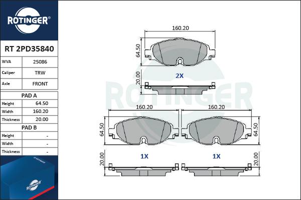 Rotinger RT 2PD35840 - Гальмівні колодки, дискові гальма autocars.com.ua