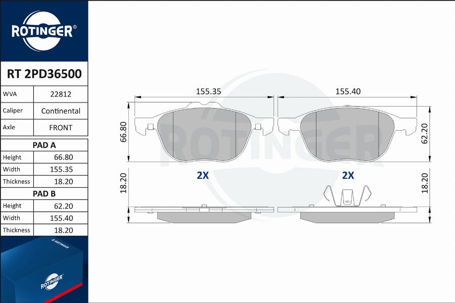 Rotinger RT 2PD36500 - Гальмівні колодки, дискові гальма autocars.com.ua